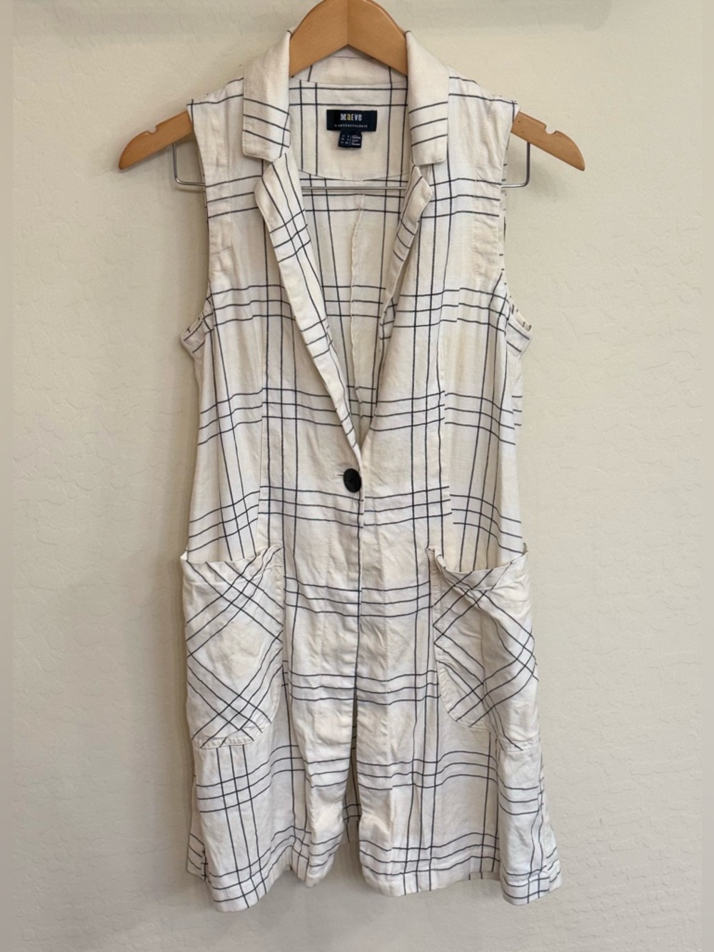 Maeve by Anthropologie Long Linen Windowpane Plaid Vest - Size 2 Grandmacore